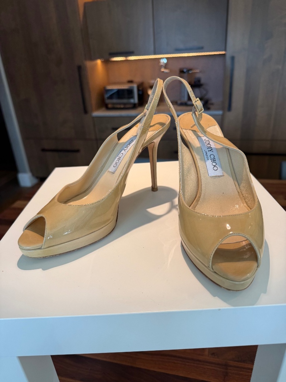Jimmy Choo Nova Nude Patent Peep Toe Slingback Platform Heels Size 40